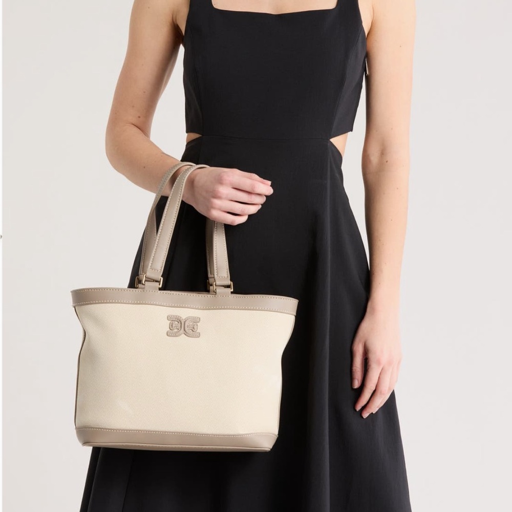 Sam Edelman canvas tote bag purse ivory taupe khaki trim small satchel $245 new